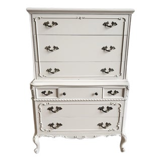 Early 20th Century French Provincial Tallboy Dresser in Soft Neutral Finish – Ornate Carved Details, Solid Wood For Sale
