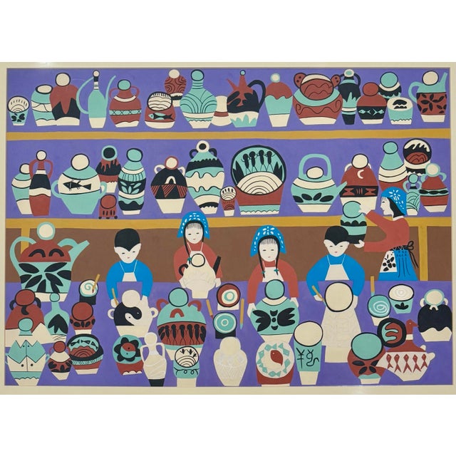 This authentic vintage Jinshan Peasant Painting depicts a lively pottery workshop scene filled with stylized ceramic...