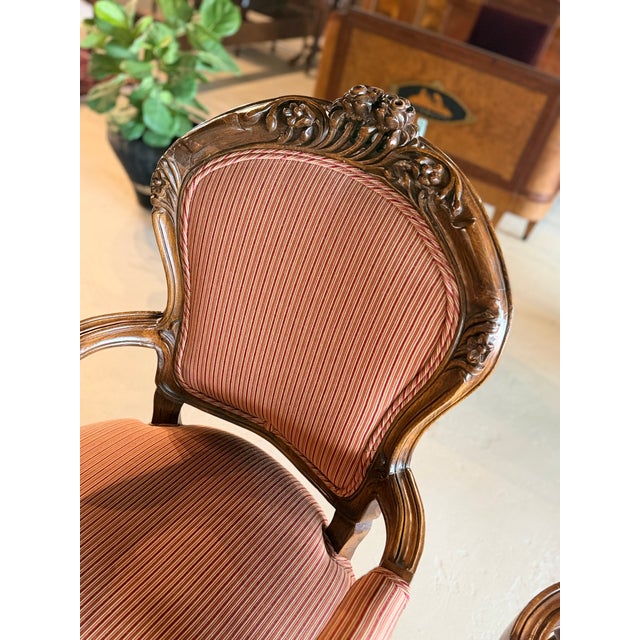 French Pair of Vintage Walnut Louis XV-Style Upholstered Arm Chairs For Sale - Image 3 of 9