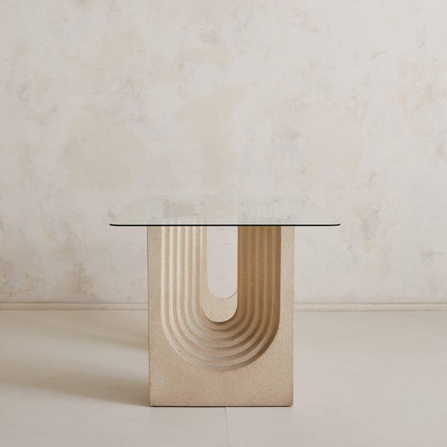 Italian Sandstone Base Dining Table with Glass Top in the Manner of Carlo Scarpa For Sale - Image 4 of 9