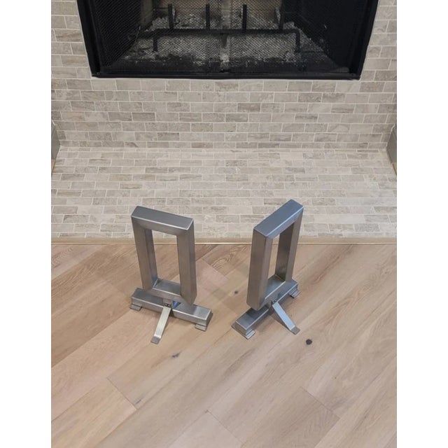 Minimalist Modern Rectangular Metal Andirons - a Pair For Sale - Image 10 of 11