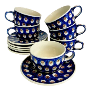 1980s Vintage Boho Chic Boleslawiec Polish Pottery Coffee Cups & Saucers, Original Peacock - Set of 12