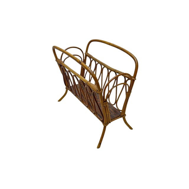 Newspaper or magazine rack made of bamboo and rattan, in the style of Franco Albini, 1980s. Good, sturdy quality, no...