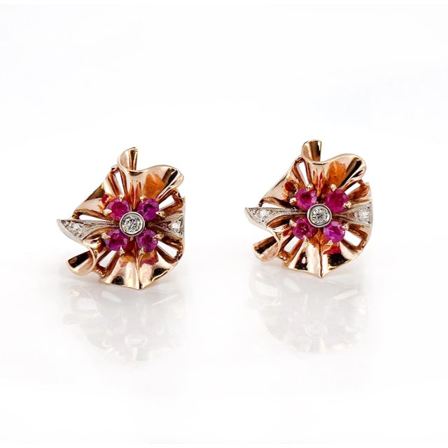 Metal Retro Old European Cut Diamond and Ruby Screw Back Earrings, 14k For Sale - Image 7 of 10