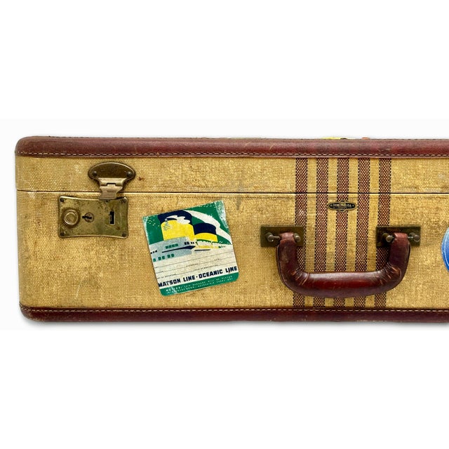 Vintage 1940s Travel Size Tweed Suitcase With Nice Assortment of World Grand Tour Locations Paper Labels For Sale - Image 10 of 18