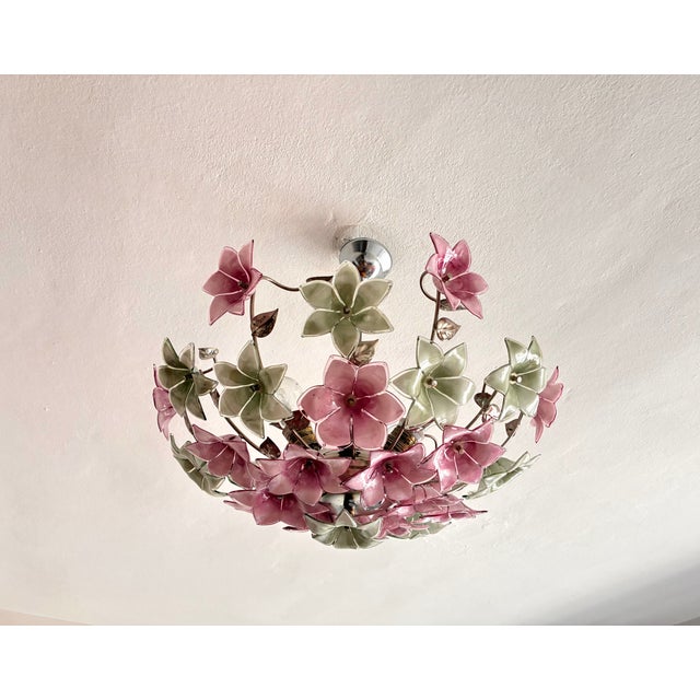 Vintage Italian Murano Style Botanical Flower Ceiling Light, Vintage Handblown Pink Green Glass Bouquet Chandelier, 5-Light Flush Mount For Sale - Image 10 of 17
