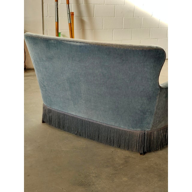 Sofa with a wooden frame and blue velvet upholstery, made in Denmark in the 1960s. Dimensions: seat height 42cm, length...