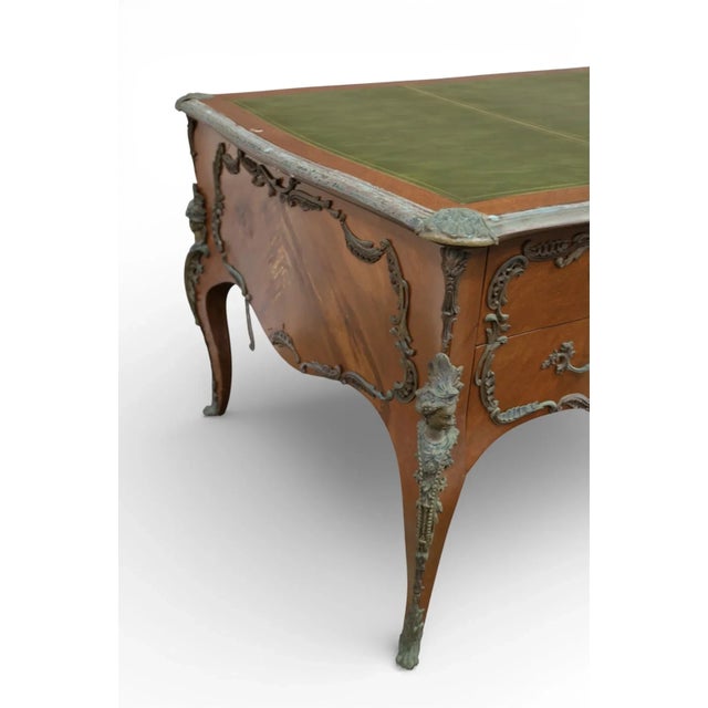 Early 20th Century Antique Large French, Ormolu Mounted, Green Leather Top, 69”Bureau Plat Desk For Sale - Image 5 of 7
