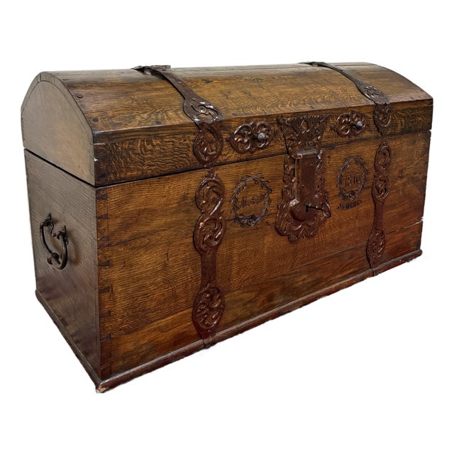 Antique Danish Dome Top Trunk Chest Blanket Box Storage Coffer Oak Mid 19th C For Sale