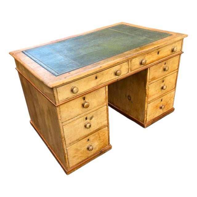 English Mid-Victorian Country House Pine Pedestal Desk With Original Gilt-Tooled Green Leather Top, Circa 1840–1860 For Sale