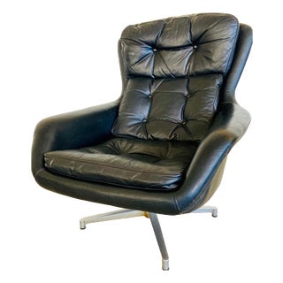 Mid-Century Danish Black Leather Swivel Chair by Bramin from Bramin For Sale