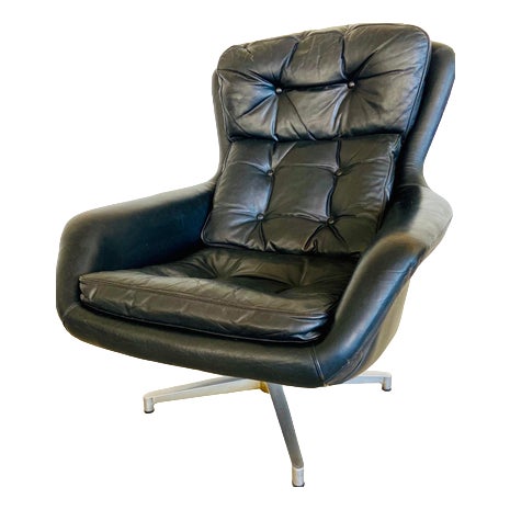 Mid-Century Danish Black Leather Swivel Chair by Bramin from Bramin For Sale
