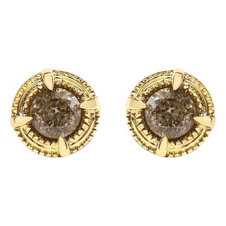 14K Yellow Gold Plated .925 Sterling Silver 1/2 Cttw Round Brilliant Cut Diamond Solitaire Milgrain Stud Earrings (K-L Color, I2-I3 Clarity) For Sale