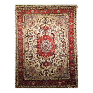 Vintage Persian Tabriz Area Rug, Handwoven Floral Pattern With Silk, Ivory & Salmon, 5’ X 7’ For Sale