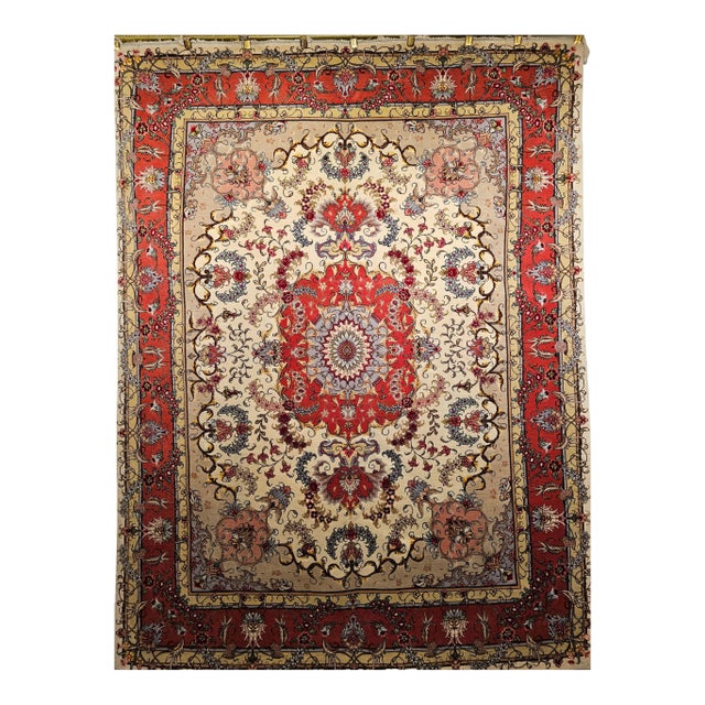 Vintage Persian Tabriz Area Rug, Handwoven Floral Pattern With Silk, Ivory & Salmon, 5’ X 7’ For Sale