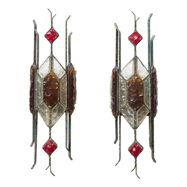 Mid-Century Modern Hammered Glass on Wrought Wall Lights from Longobard, 1970s, Set of 2 For Sale - Image 3 of 6