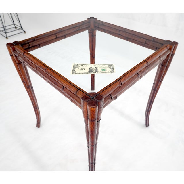 Very Fine Carved Oak Faux Bamboo Glass Top Tapered Sabre Leg End Side Table For Sale - Image 9 of 10