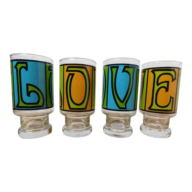 Vintage 1970s Anchor Hocking “Love” Glasses – Set of 4 Psychedelic Retro Tumblers Barware For Sale