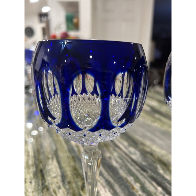Godinger 1980s Pair of Cobalt Blue and Clear Cut Crystal Godinger Edinburgh Hock Wine Glasses For Sale - Image 4 of 11