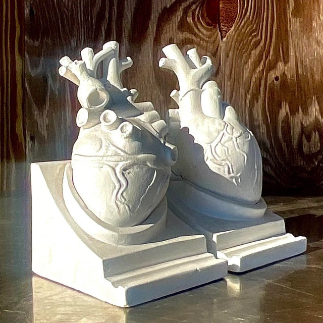 Boho Chic Vintage Boho 1950s Plaster Heart Bookends, Signed- Set of 2 For Sale - Image 3 of 12