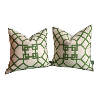 Pair of Kravet Fabrics Classic Zu Garden Linen Down and Feather Pillows in Green For Sale