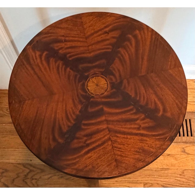 1920s Antique Flame Mahogany Inlaid Round Side Table For Sale - Image 5 of 11