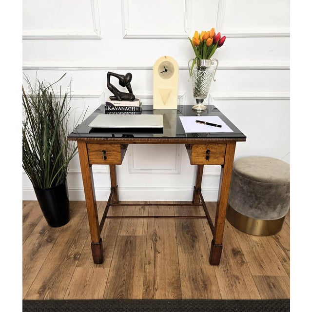 Beautiful Italian Art Deco Mid-Century Modern desk writing table, in beautiful veneer burl wood, with black glass top and...