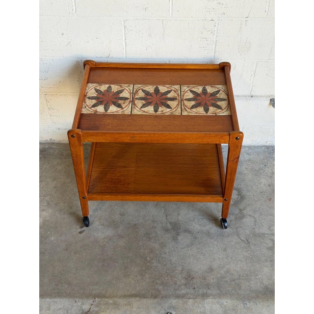 1960s Teak Tile-Top Rolling Bar Cart Danish Mid-Century Modern Tea Trolley 1960s For Sale - Image 5 of 11