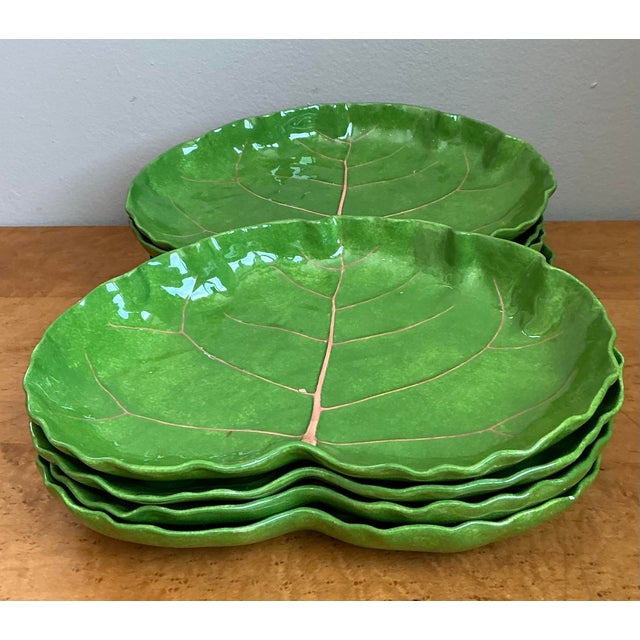 Late 20th Century Vintage Glazed Ceramic Cabbage Leaf Plates - Set of 8 For Sale - Image 5 of 12