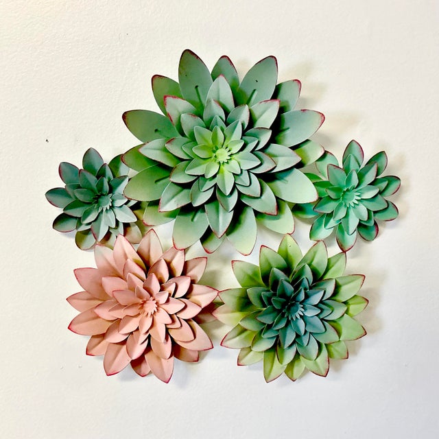 Mid-Century Coastal Italian Tole Five Red-Tipped Succulents Sculptural Wall Object For Sale - Image 4 of 8