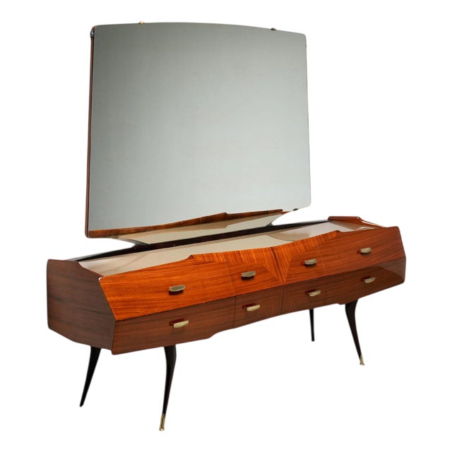 Italian Wood, Glass and Brass Credenza with Mirror, Italy, 1960s For Sale