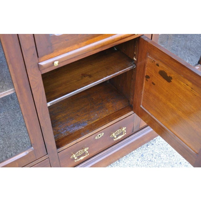 Wood Antique Eastlake Victorian Walnut Wavy Glass Triple Bookcase Display Cabinet For Sale - Image 7 of 13