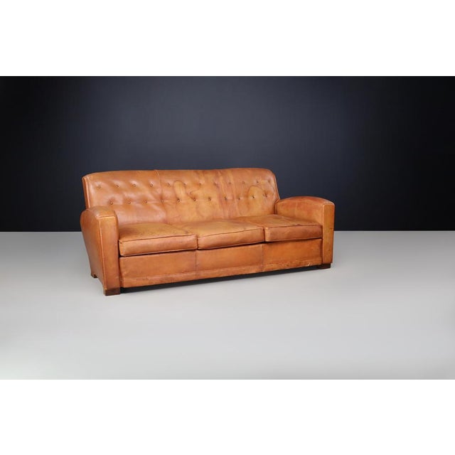 French Art Deco Patinated Leather Lounge Sofa, 1930s For Sale - Image 3 of 11