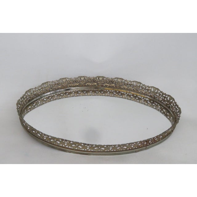 Oval Vanity Mirror Tray Filigree Gilded Raised Metal Frame Dresser Display 4524b For Sale - Image 9 of 14