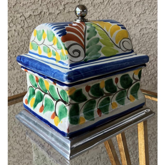 Colorfully Charming Late 20th-Century Talavera Lidded Box on Pewter Pedestal Base, Mexico For Sale - Image 4 of 11