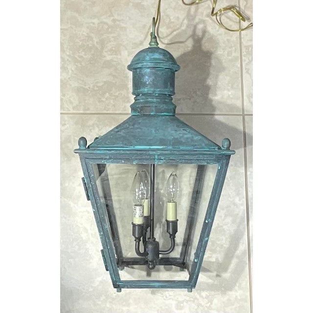 Vintage Solid Copper and Brass Hanging Lantern / 12”x 12”x 23” High For Sale - Image 4 of 17