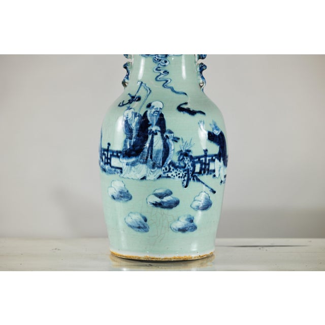 Chinese Blue and White Porcelain Altar Vase With Immortal Figures and Celadon Tint For Sale - Image 4 of 18