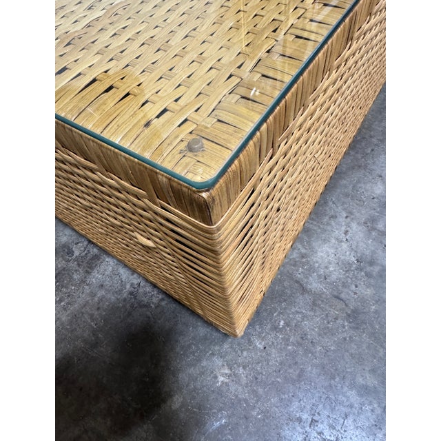 Brown Boho Coastal Wicker Glass Top Cube Coffee Table For Sale - Image 8 of 10