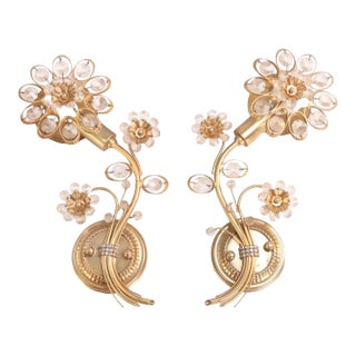 1970s Pair of Ernst Palme Brass Crystal Flower Sconces Wall Lights by Palwa Germany For Sale