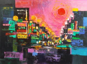 'On the Strip', Large Post-Impressionist American School Cityscape