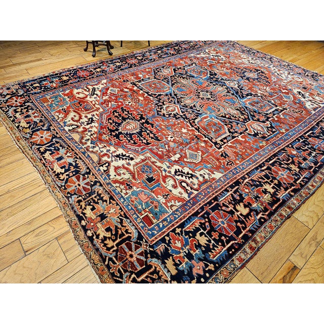 19th Century Vintage Persian Heriz Serapi Rug, Hand-Knotted Wool, Geometric Medallion Pattern, Red & Ivory, 10x12 For Sale - Image 5 of 14