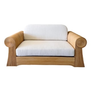 Vintage 1970s Pencil Reed Loveseat, Bouclé Upholstered Bamboo Settee, Coastal Boho Rattan Sofa For Sale