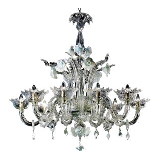 Venetian Romantic Floral Transparent and White Murano Glass Chandelier For Sale