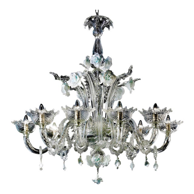 Venetian Romantic Floral Transparent and White Murano Glass Chandelier For Sale