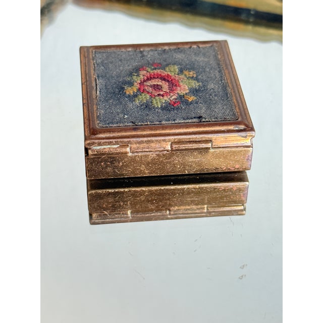 Vintage Mid Century Petit Point Floral Brass Pill Box Viennese Needlepoint Vanity Box For Sale - Image 9 of 12