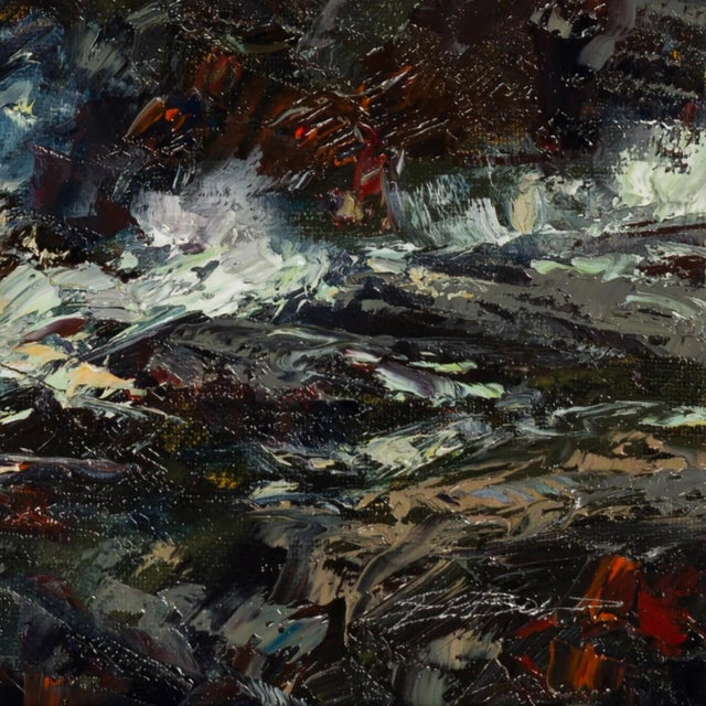 Coast Storm by Sparky LeBold | Oil on canvas depicting turbulent waves crashing on rocky shore. For Sale - Image 4 of 5