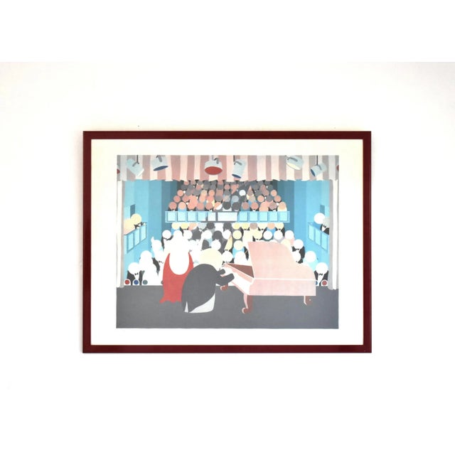 A vintage, c. 1980s sergiraph print by Carol Dahl (1954-), "Performance Art", with an opera singer and pianist performing...