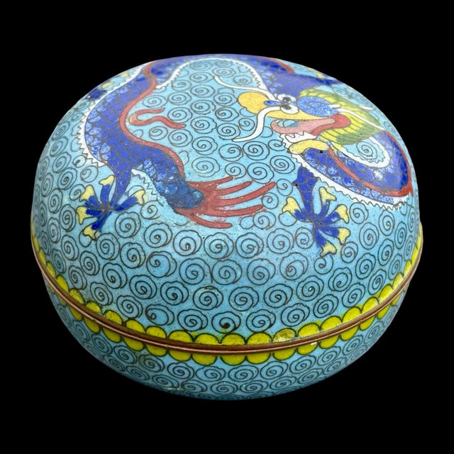 Metal Antique Chinese Imperial Cloisonné Five-Clawed Dragon Box W/ Turquoise Ground For Sale - Image 7 of 10