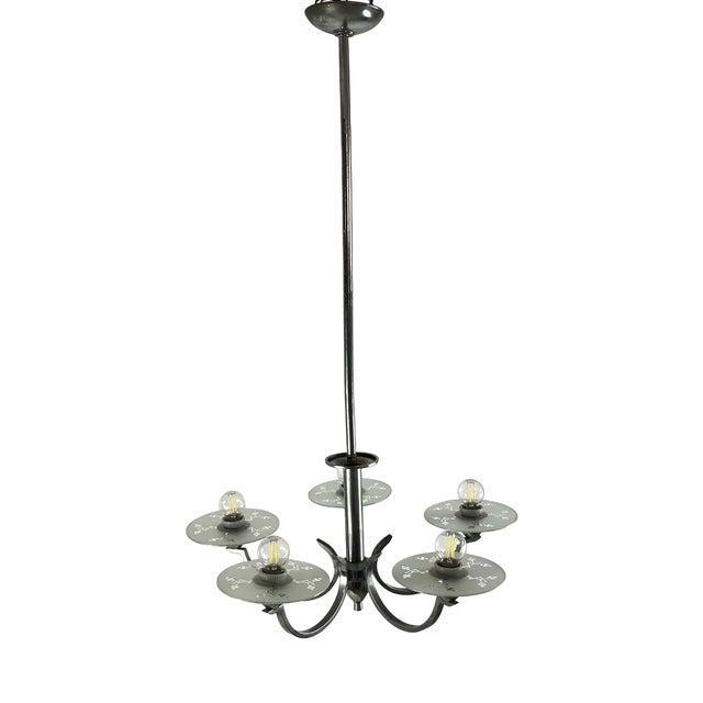 Italian Five-Light Metal and Glass Chandelier, 1940s For Sale