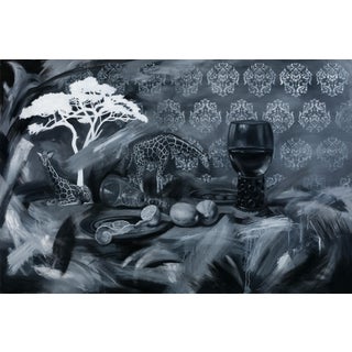 Colonial Dinner by Robin Hextrum | Oil on Canvas Still life with giraffes and a glass of wine For Sale